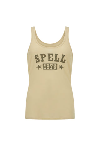 A beige sleeveless tank top with a dark olive green graphic on the front reading 'SPEELL 1976' with stars, shown against a plain white background.
