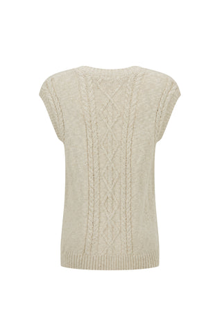 A cream-colored cable-knit sweater with cap sleeves, shown from the back against a plain white background.