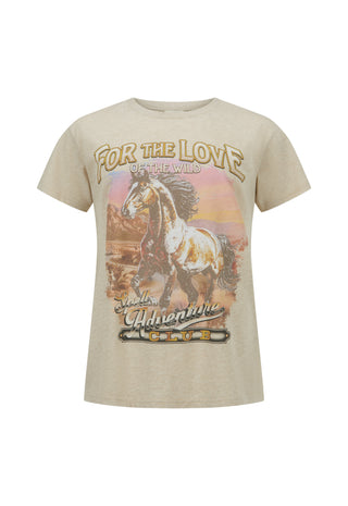 A beige short-sleeve graphic t-shirt featuring a western print of a running horse and the text 'FOR THE LOVE OF THE WILD' and 'Sedona Arizona' on a plain white background.