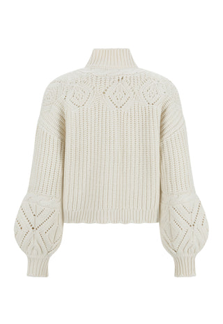 An off-white cable-knit mock-neck sweater with balloon sleeves, shown from the back on a plain white background.