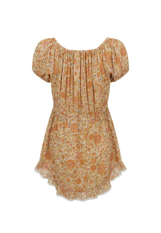 A short-sleeve peplum-style dress with a pleated bodice and ruffled hem, featuring an orange and beige floral pattern on a white background.
