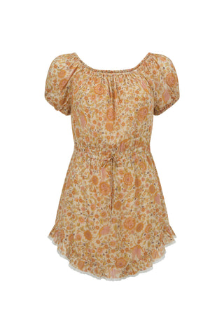 A short-sleeve peplum dress with an allover floral pattern in shades of orange, yellow, and beige, featuring a smocked bodice and drawstring waist.